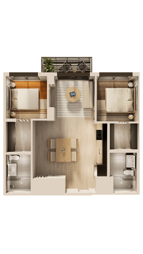 A man and a woman sit in a tropical apartment living room