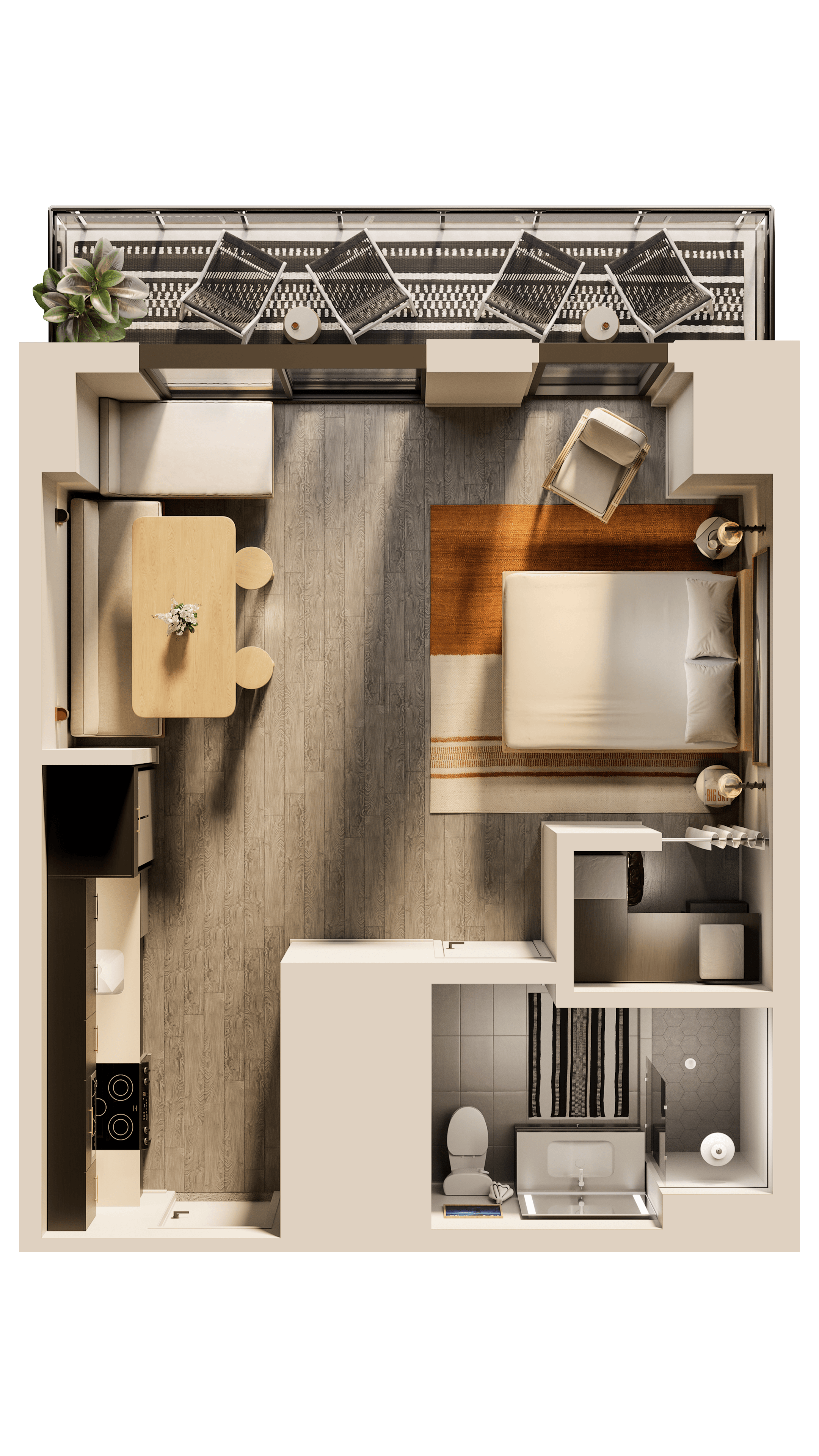 A man and a woman sit in a tropical apartment living room