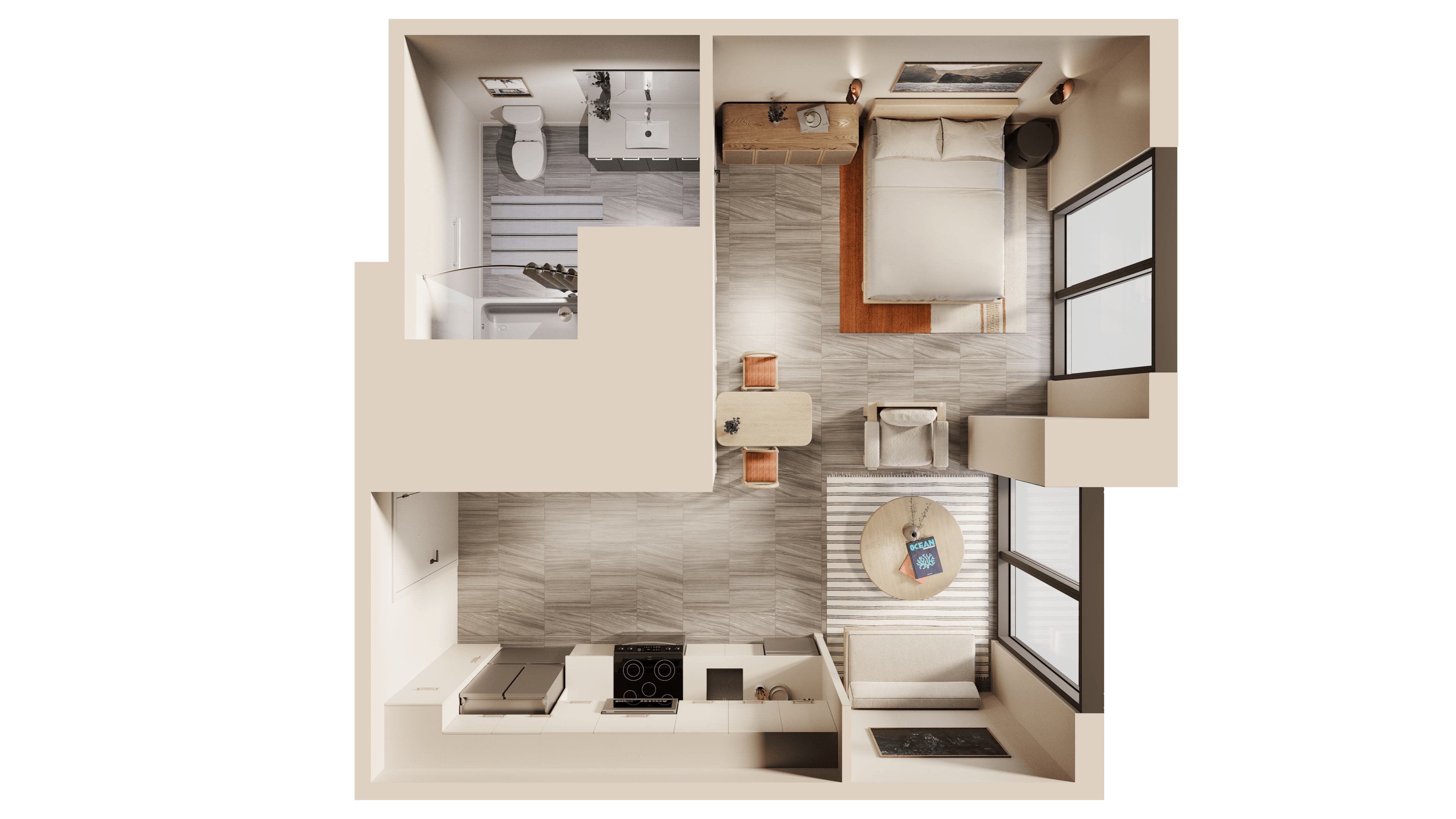 Sunlit modern living room with neutral furniture and indoor plant