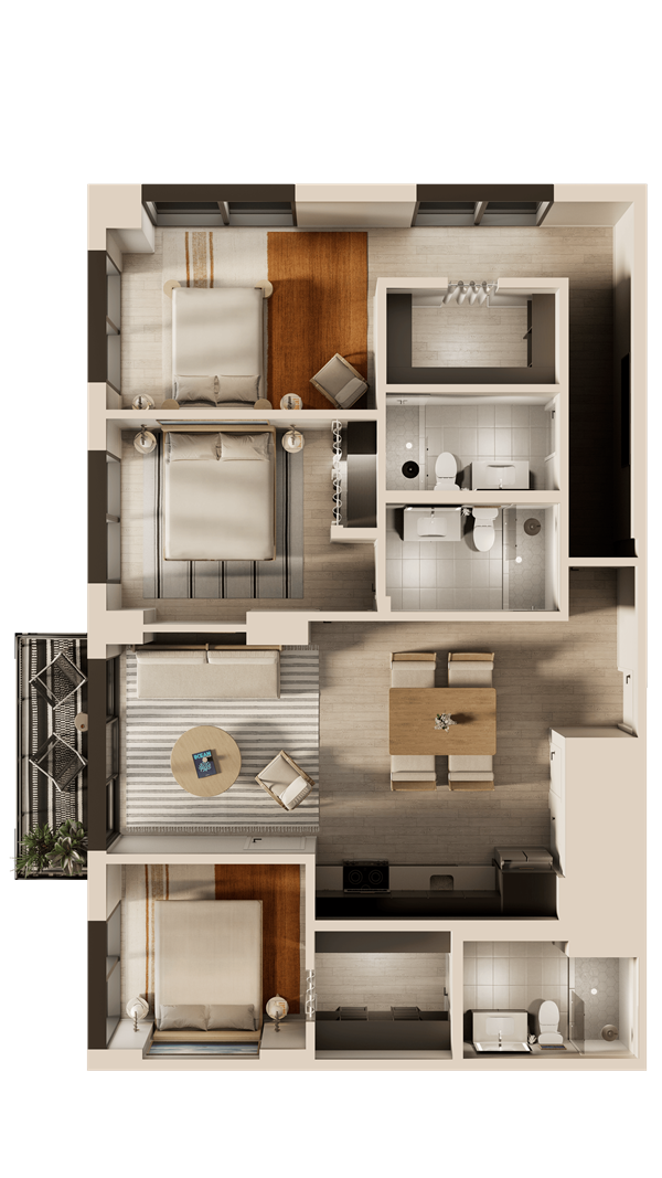 A man and a woman sit in a tropical apartment living room