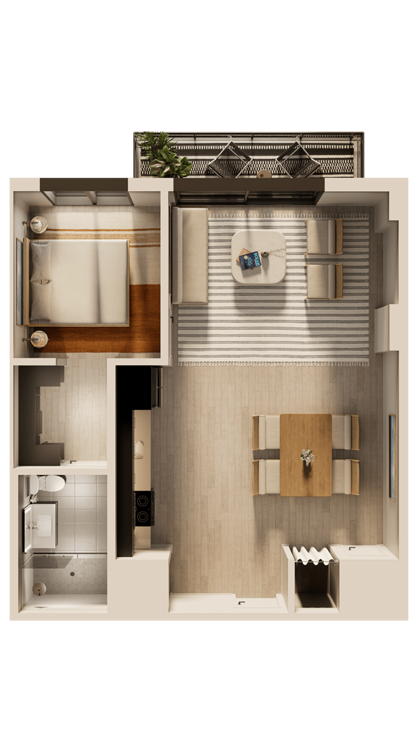 A man and a woman sit in a tropical apartment living room