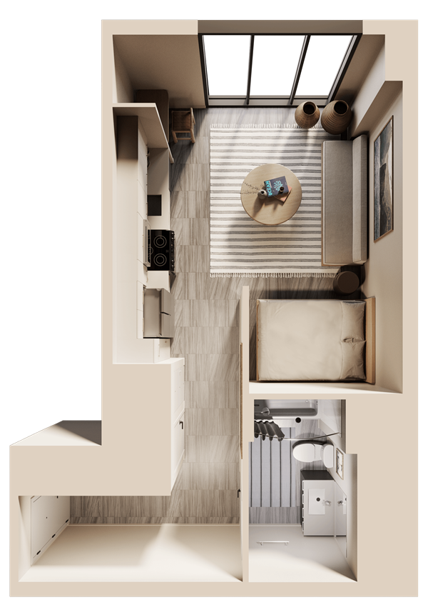 Sunlit modern living room with neutral furniture and indoor plant