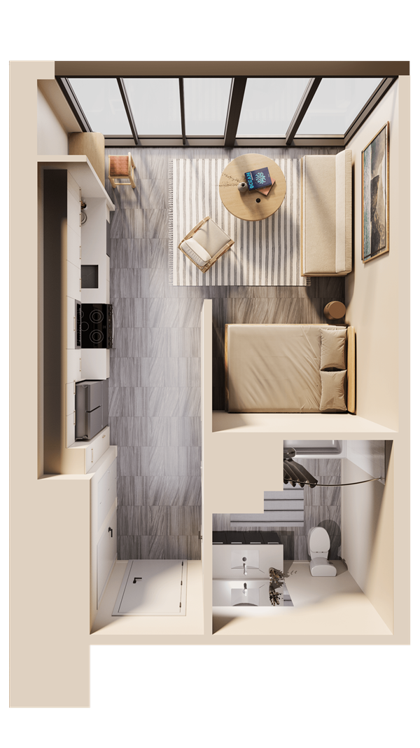 Sunlit modern living room with neutral furniture and indoor plant