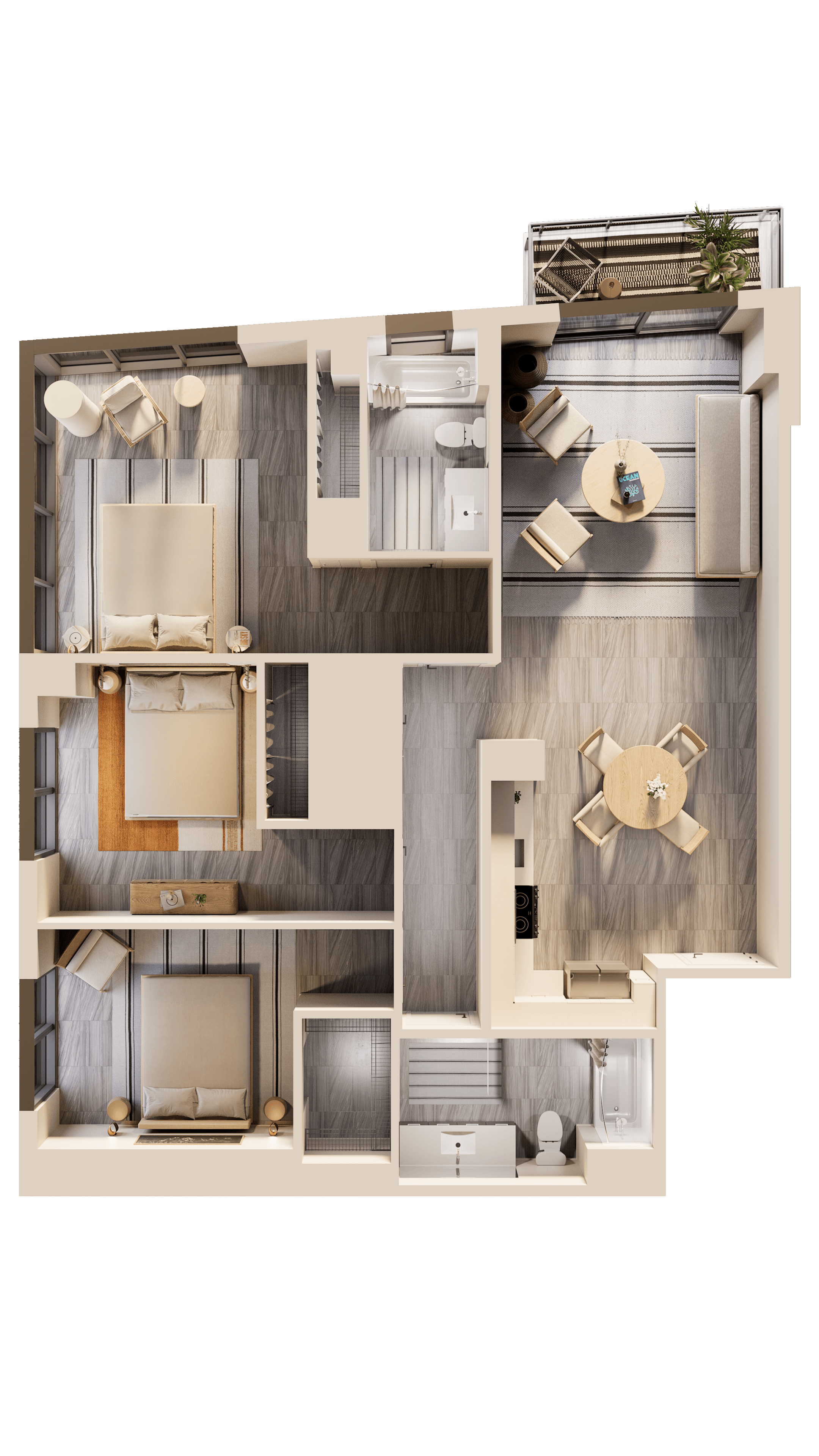 Sunlit modern living room with neutral furniture and indoor plant