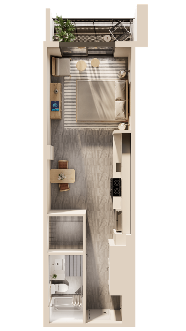 Sunlit modern living room with neutral furniture and indoor plant