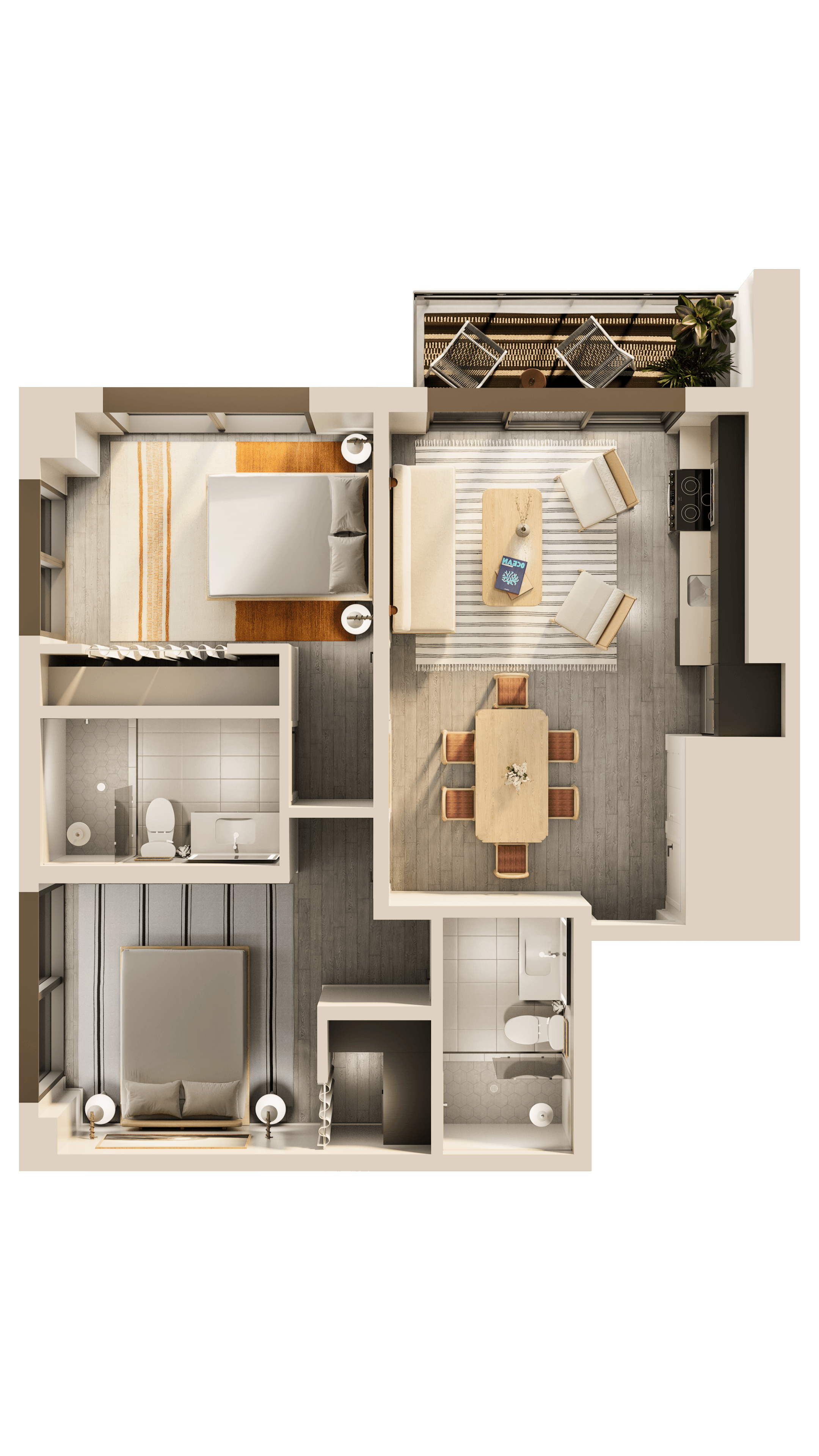 A man and a woman sit in a tropical apartment living room