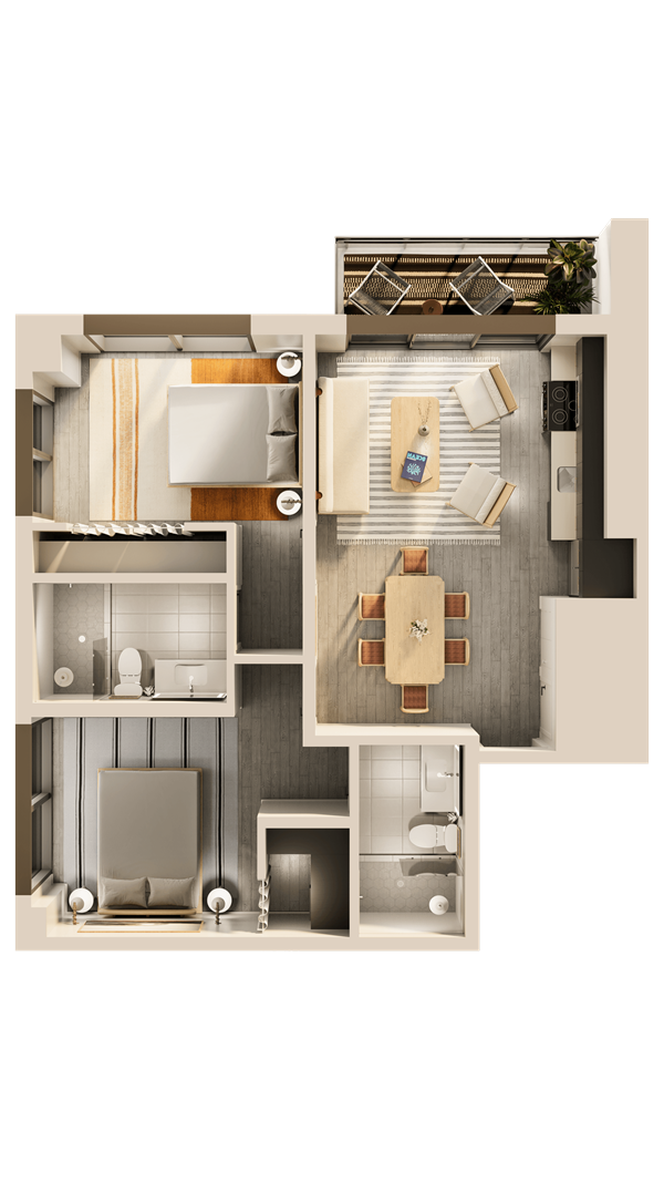 A man and a woman sit in a tropical apartment living room