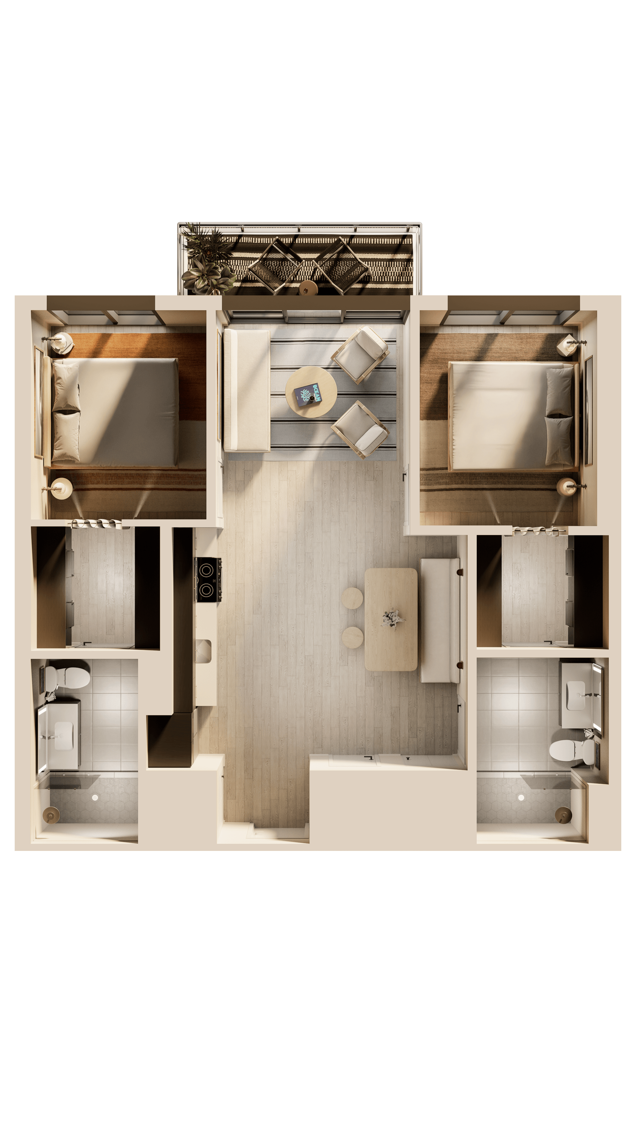 A man and a woman sit in a tropical apartment living room