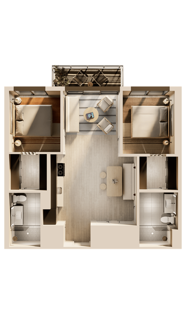 A man and a woman sit in a tropical apartment living room