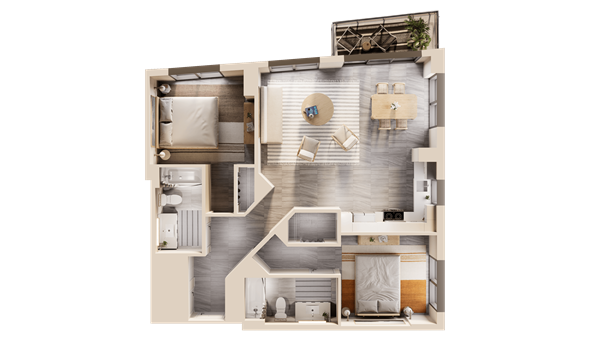 Sunlit modern living room with neutral furniture and indoor plant
