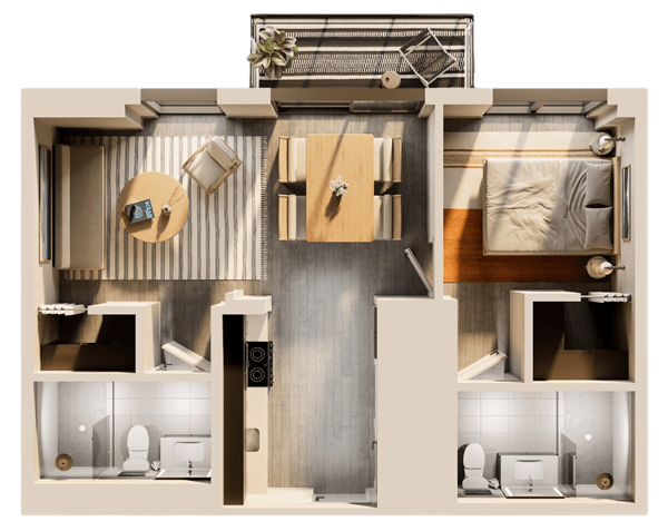 A man and a woman sit in a tropical apartment living room