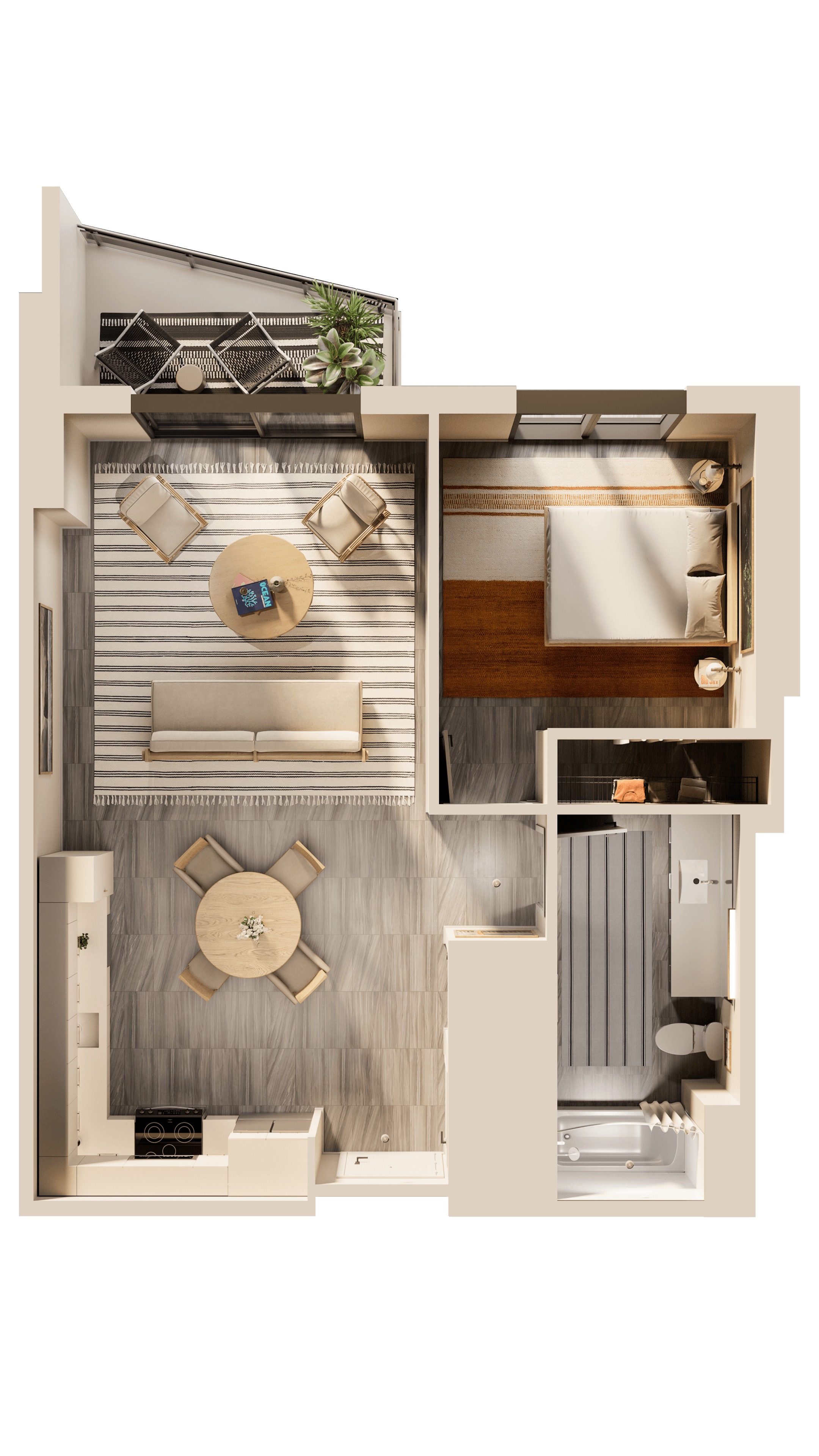 Sunlit modern living room with neutral furniture and indoor plant