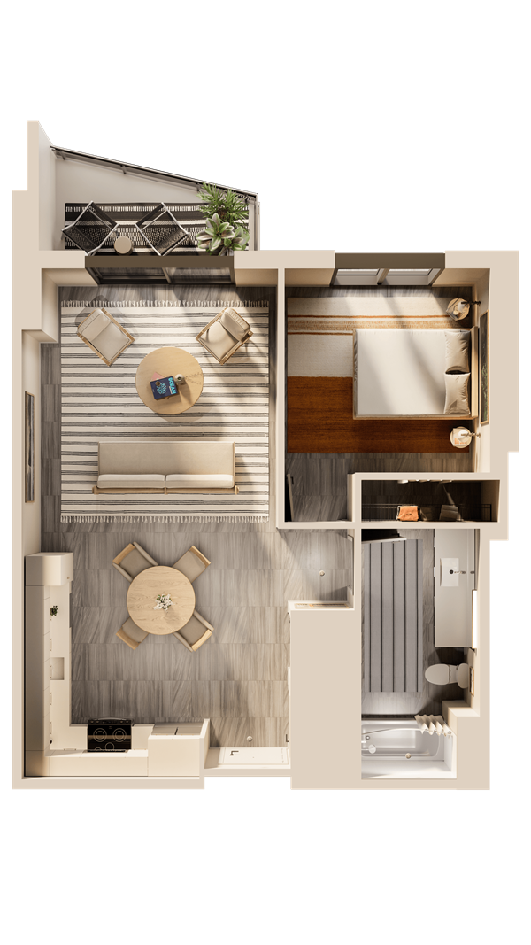 Sunlit modern living room with neutral furniture and indoor plant