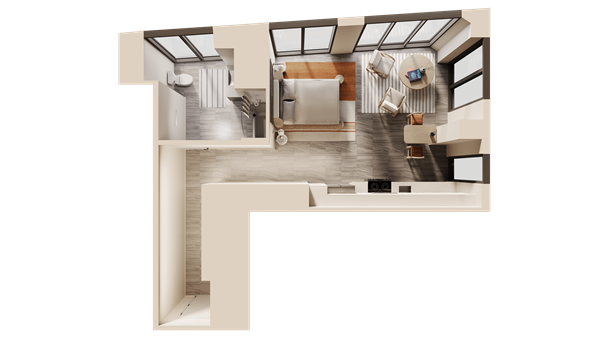 Sunlit modern living room with neutral furniture and indoor plant