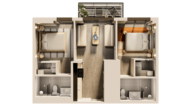 A man and a woman sit in a tropical apartment living room