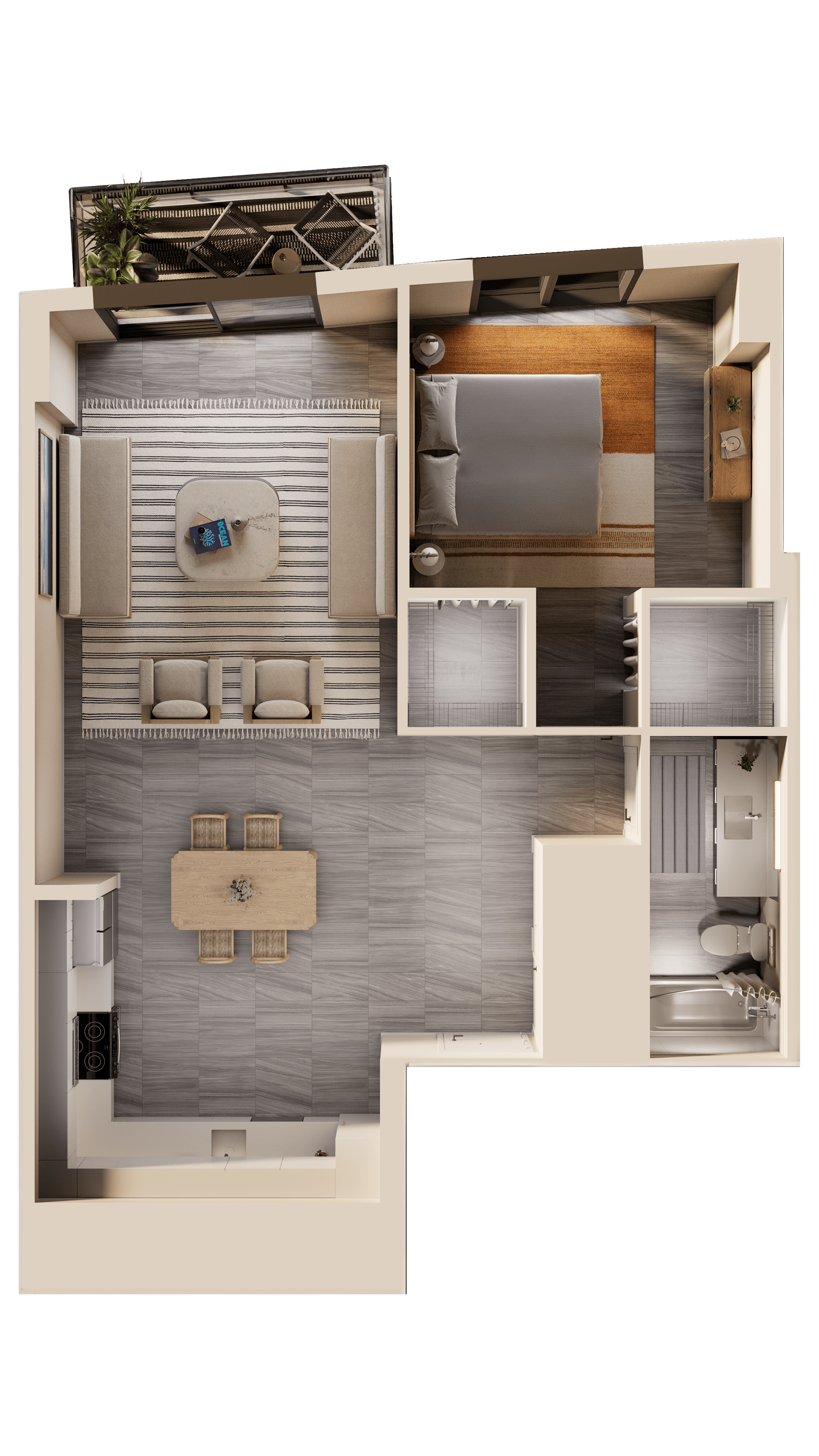 Sunlit modern living room with neutral furniture and indoor plant