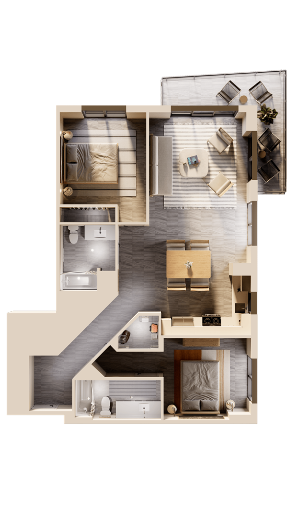 Sunlit modern living room with neutral furniture and indoor plant