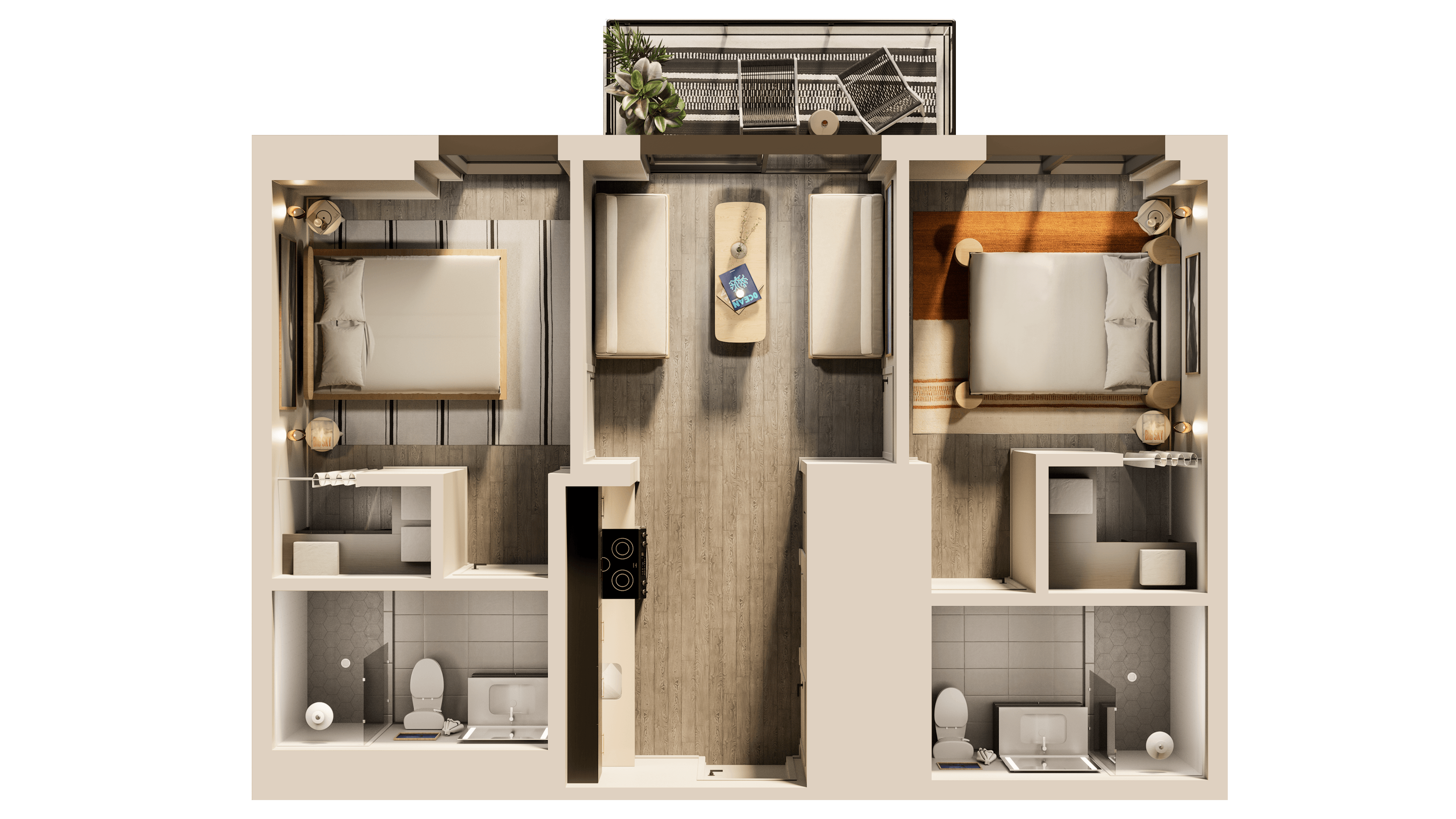 A man and a woman sit in a tropical apartment living room