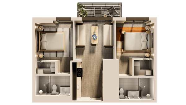 A man and a woman sit in a tropical apartment living room