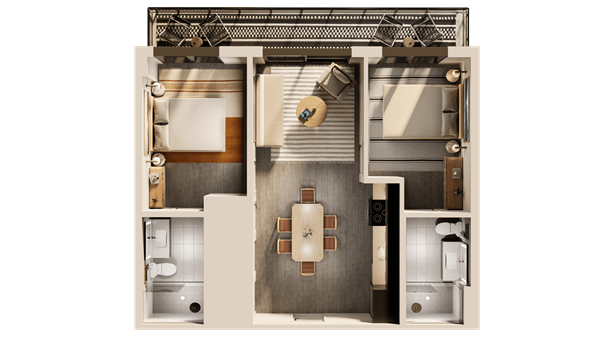 A man and a woman sit in a tropical apartment living room