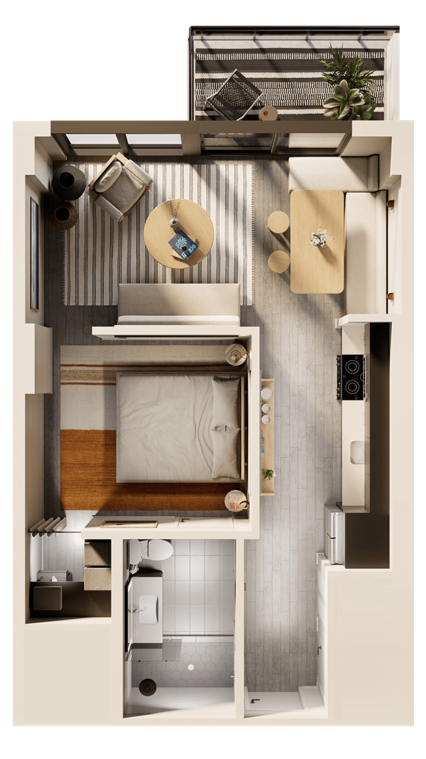 A man and a woman sit in a tropical apartment living room