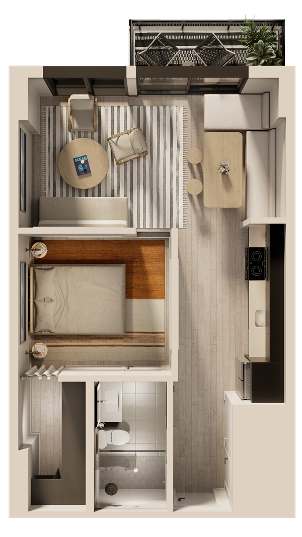 A man and a woman sit in a tropical apartment living room