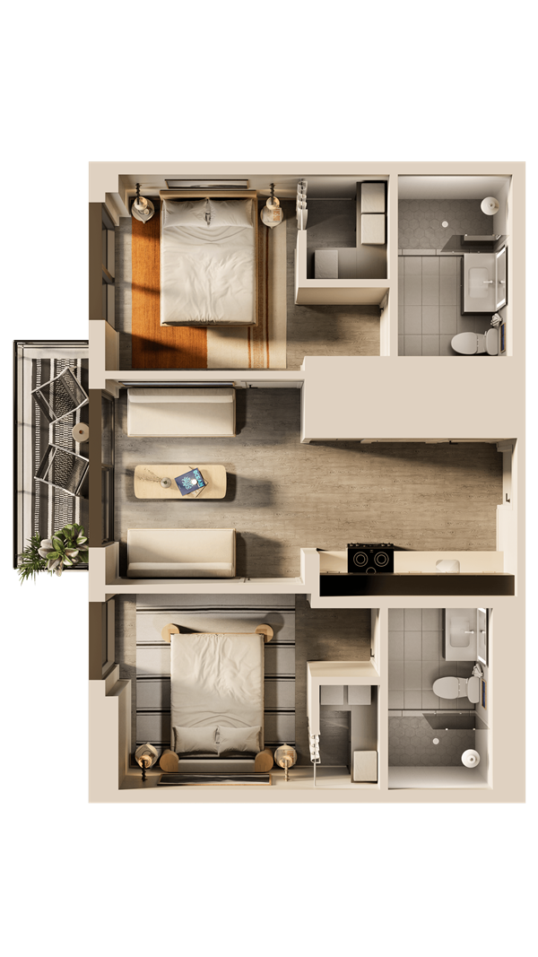 A man and a woman sit in a tropical apartment living room