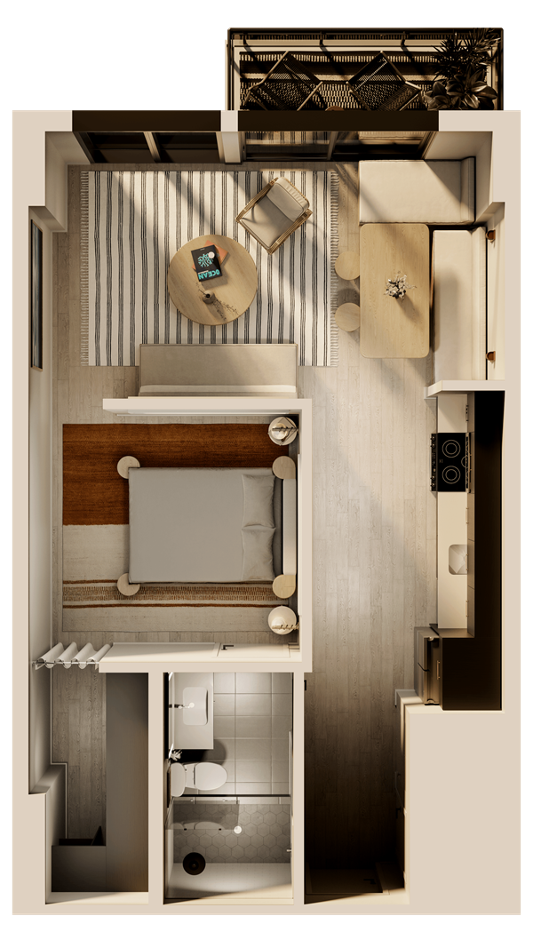 A man and a woman sit in a tropical apartment living room