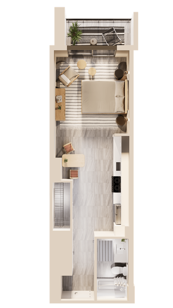 Sunlit modern living room with neutral furniture and indoor plant