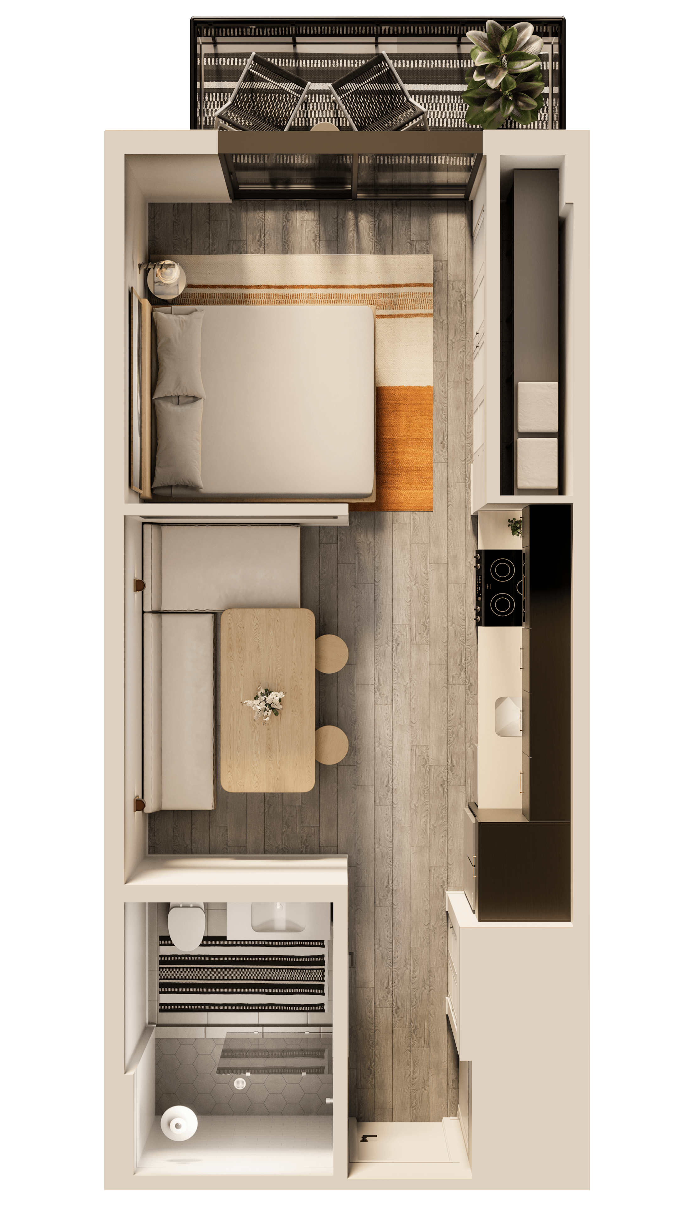 A man and a woman sit in a tropical apartment living room