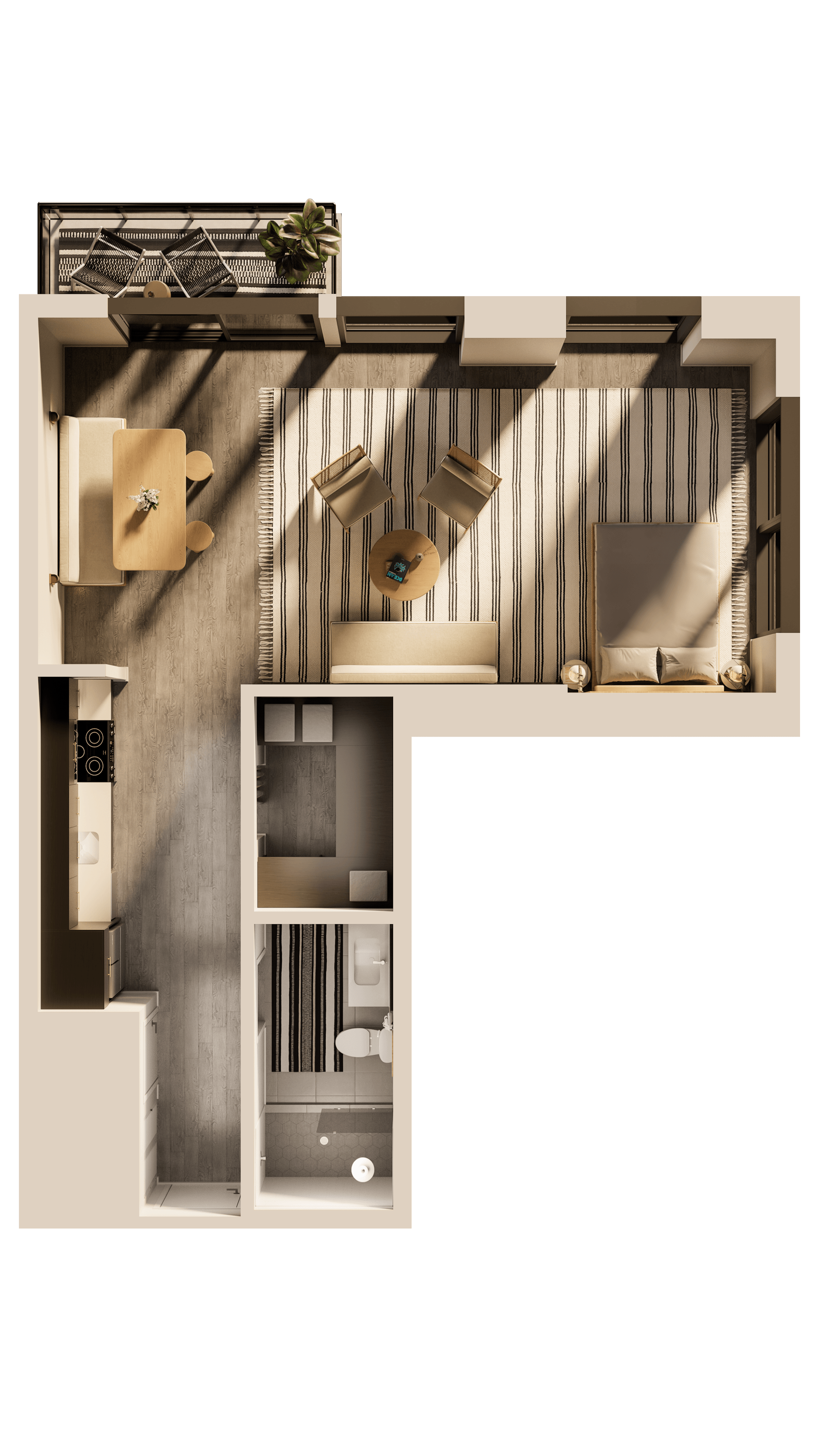 A man and a woman sit in a tropical apartment living room