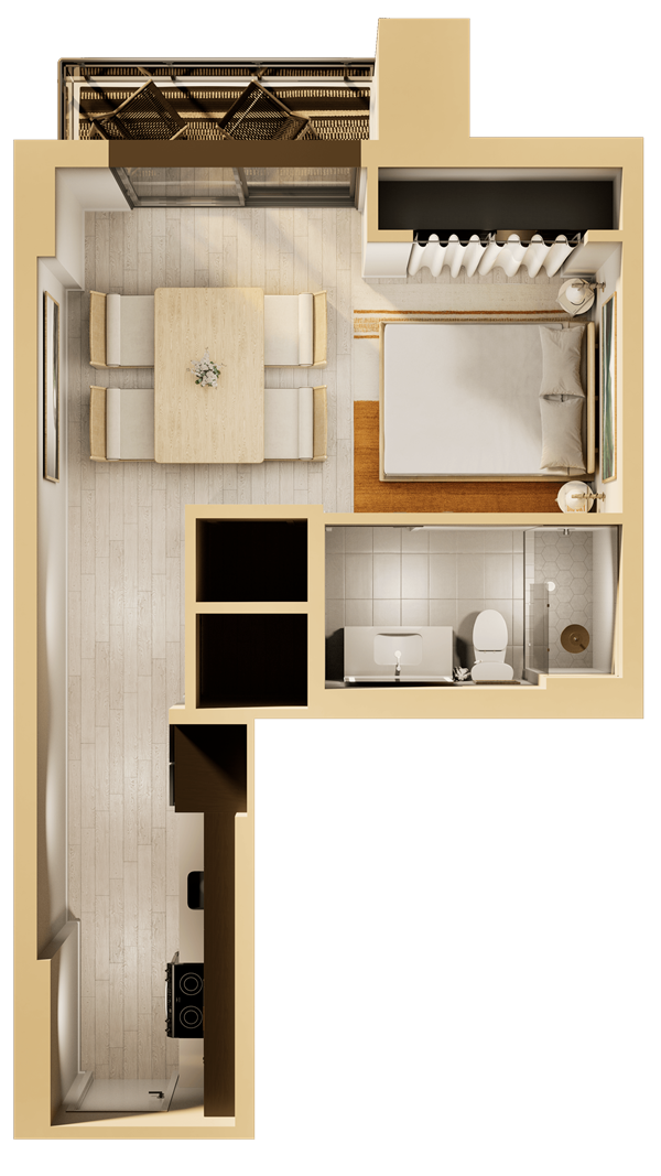 A man and a woman sit in a tropical apartment living room