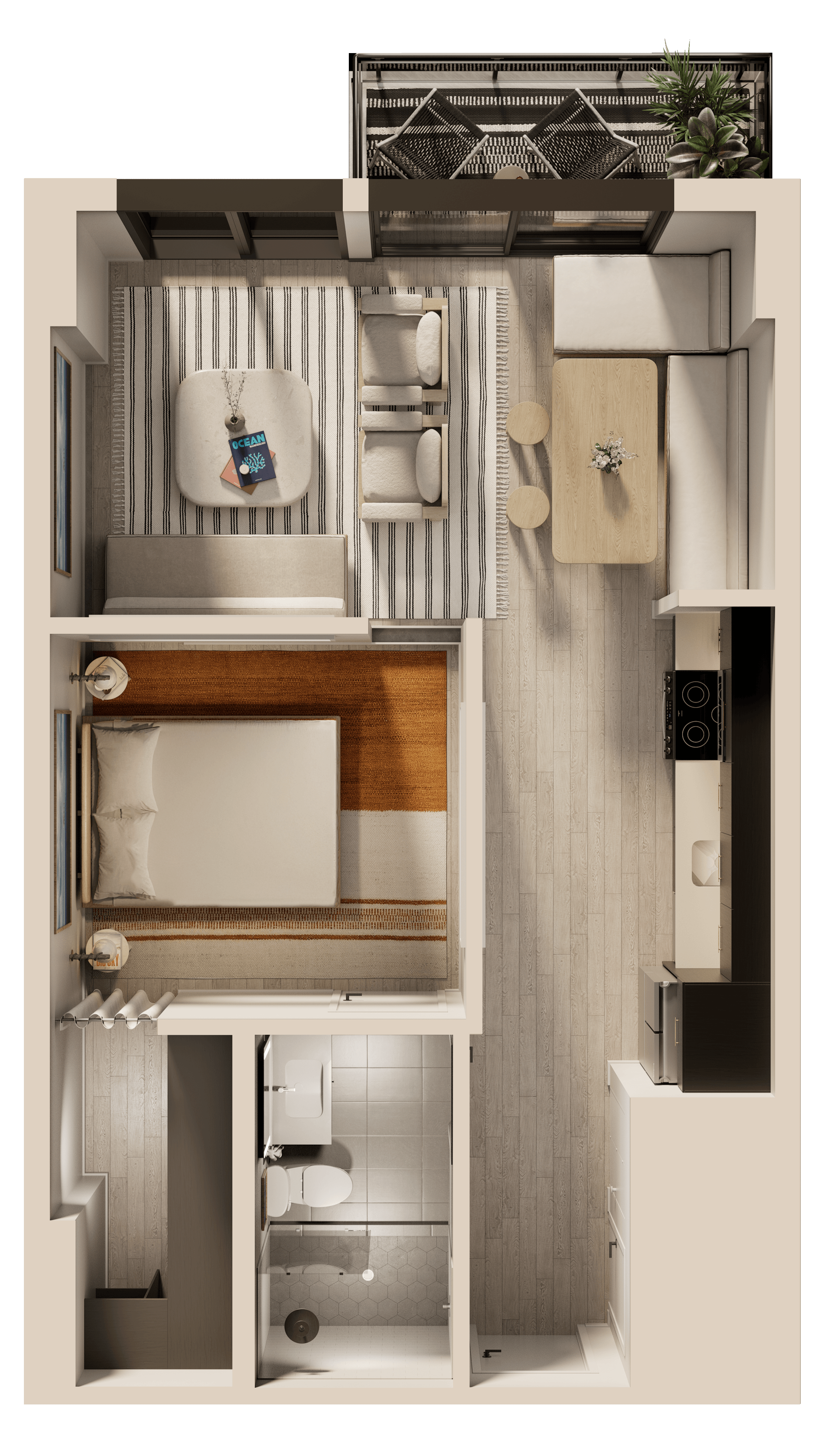 A man and a woman sit in a tropical apartment living room