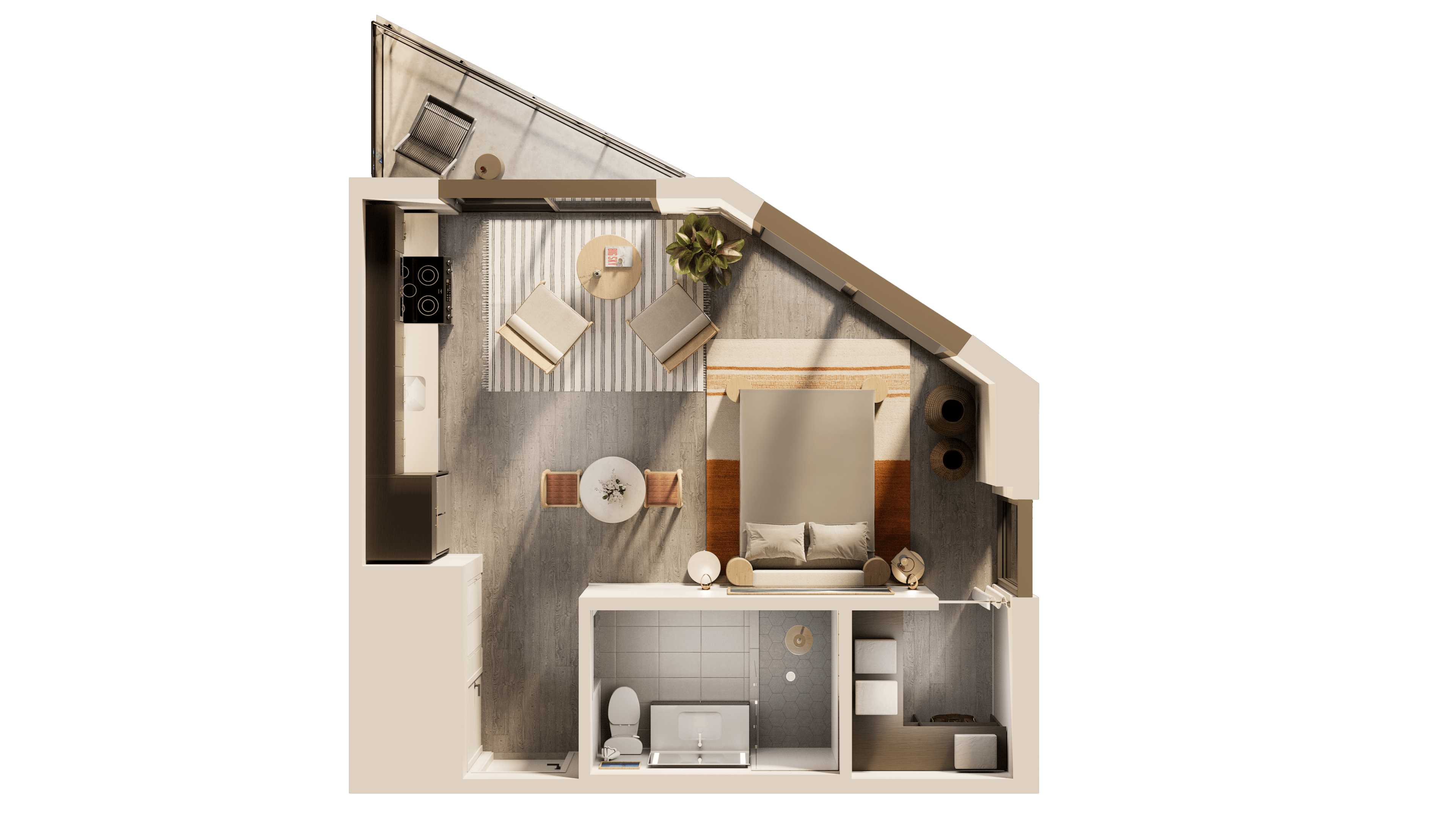 A man and a woman sit in a tropical apartment living room