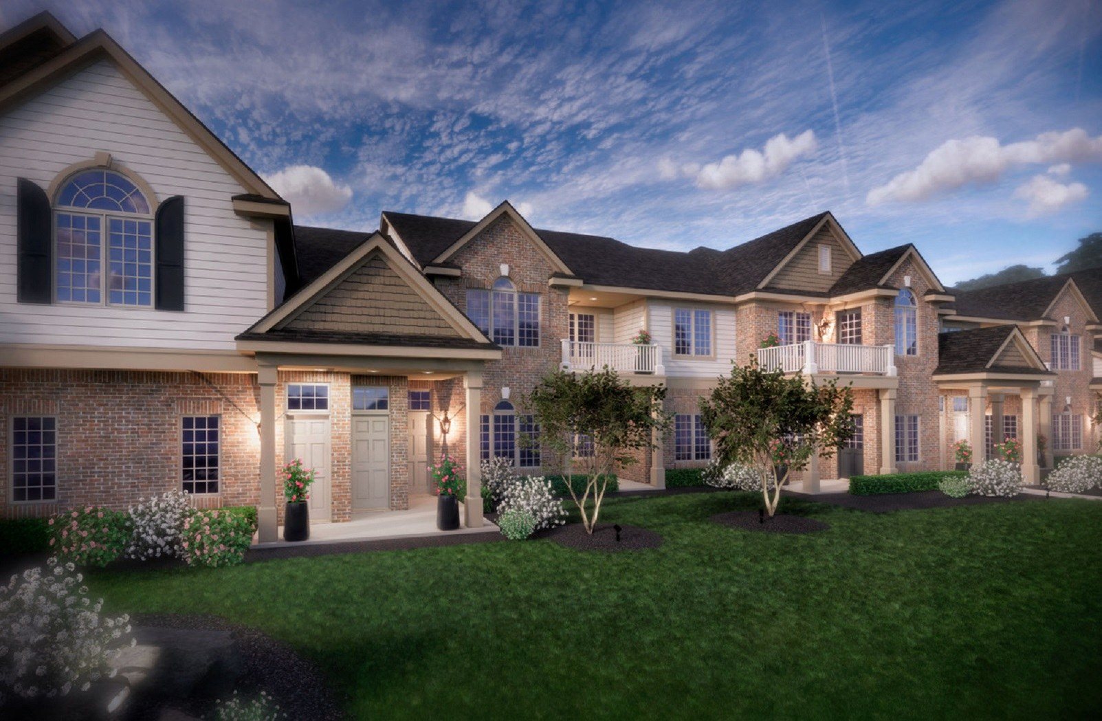 a rendering of a large home at dusk