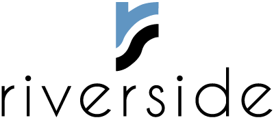 A logo with a blue swoosh and the word