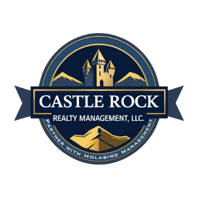 The image is a logo for Castle Rock Realty Management, LLC, featuring a castle and mountains.