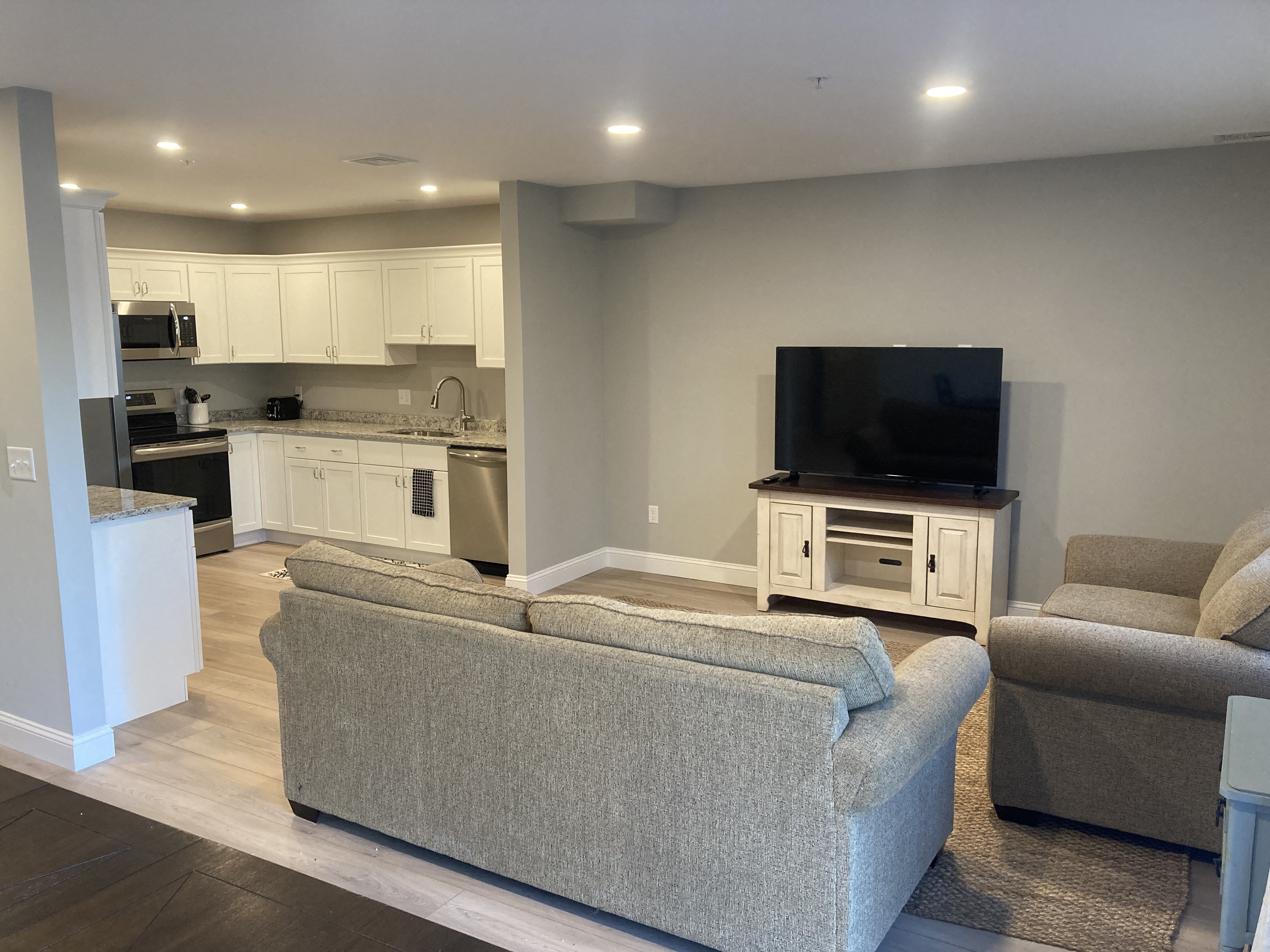 a living room and kitchen with a couch and a tv