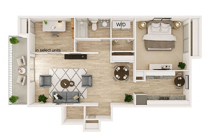 1 Bed 1 Bath with Den Slider floor plan