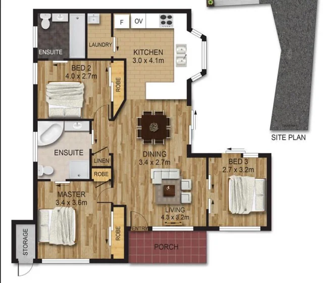 A floor plan of a house with a kitchen, dining room, living room, and three bedrooms.