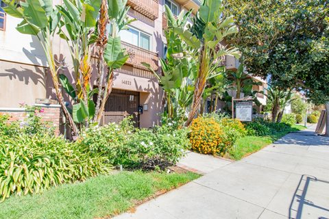 a sidewalk in front of a building with plants and trees
