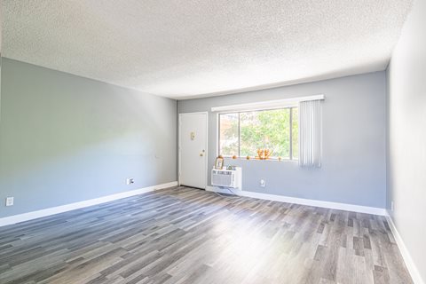 an empty living room with wood floors and a window
