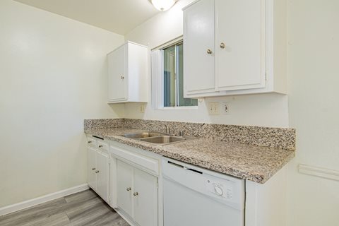 a kitchen with white cabinets and granite counter top and a sink