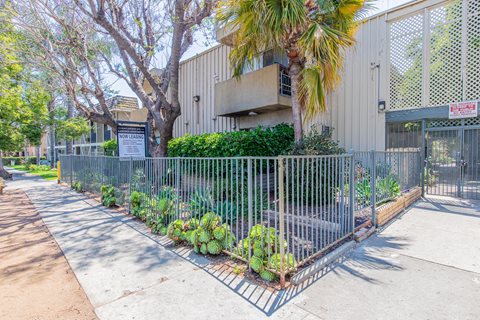 a yard with a fence and plants in front of a building