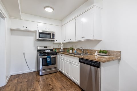 A kitchen with a stainless steel dishwasher and oven.
