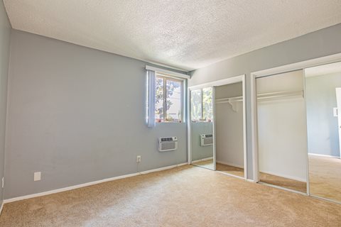 A room with a carpeted floor and a window.