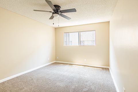A room with a ceiling fan and a window.