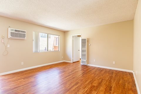 A room with a wood floor and a window.