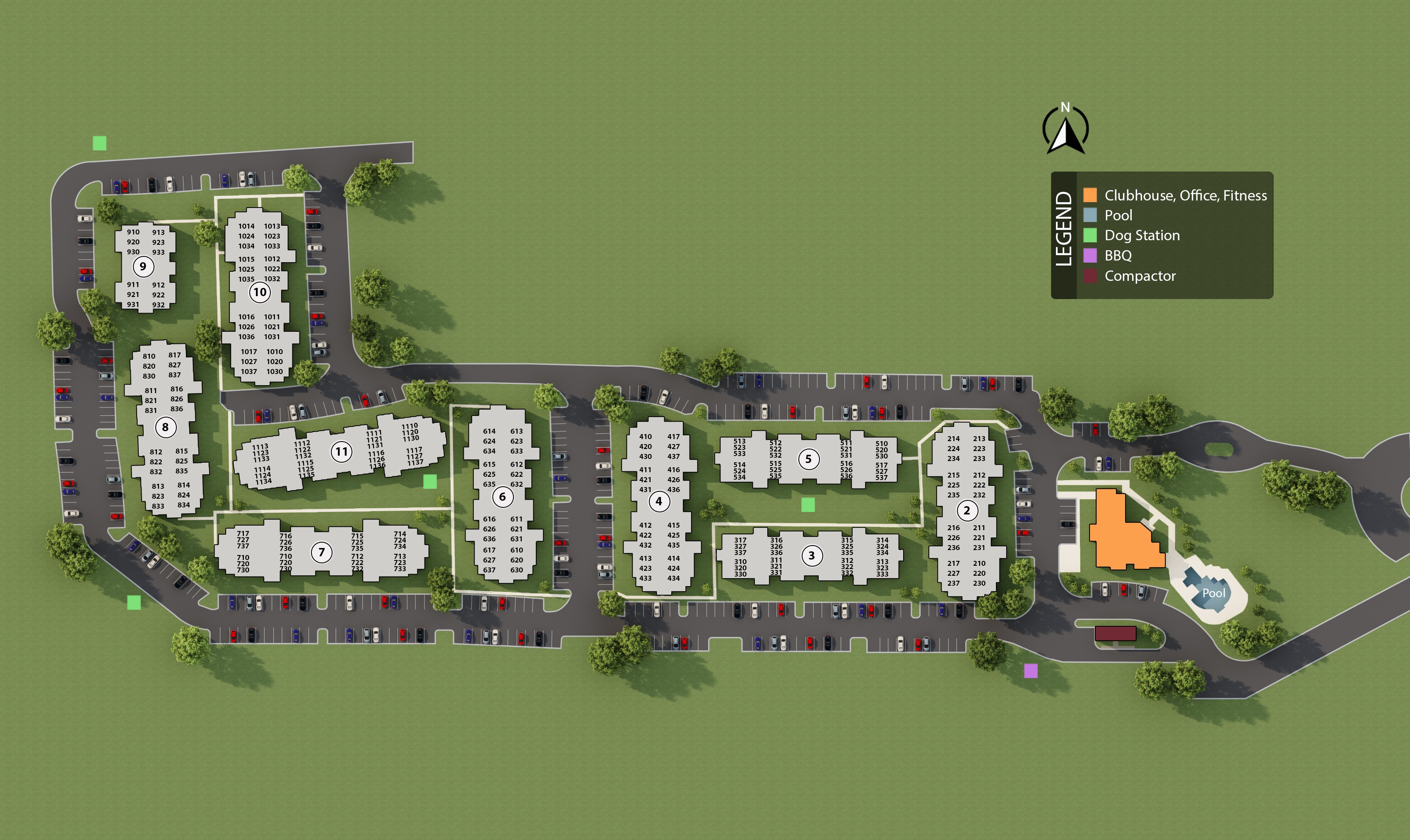 Addison Park community site map showing apartment buildings, parking, clubhouse, fitness center, pool, dog stations, barbecue area and compactor.