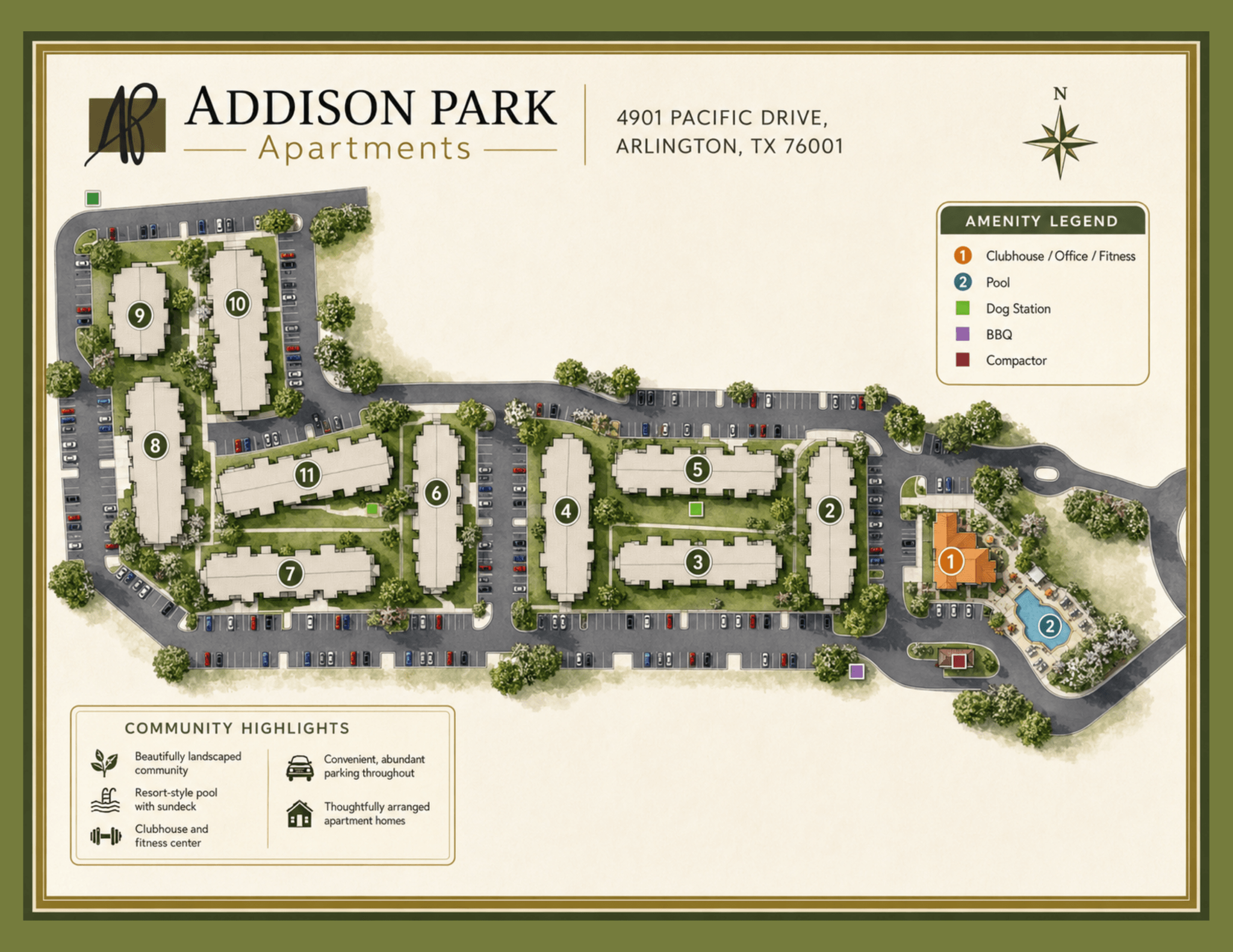 Addison Park community site map showing apartment buildings, parking, roads and community amenities at 4901 Pacific Drive in Arlington, Texas.